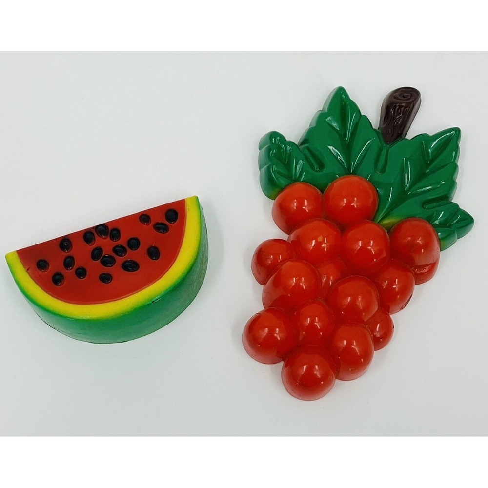 Vintage 3D Refrigerator Magnets Molded Plastic Grapes and Watermelon